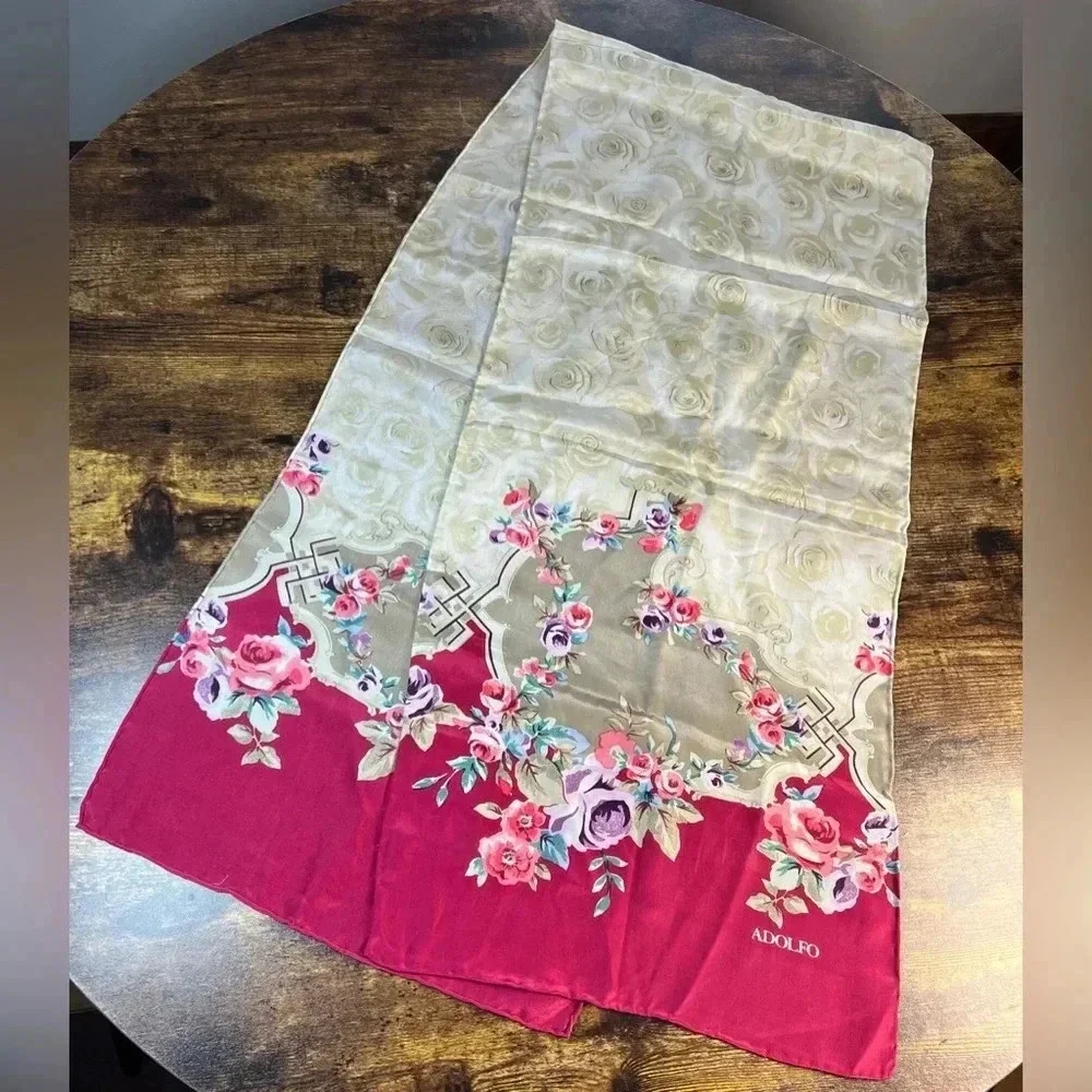 VINTAGE: Adolfo | ladies floral print silk scarf.